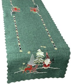 Traversa pentru masa verde de Crăciun cu spiriduși și reni Lățime: 40 cm | Lungime: 160 cm