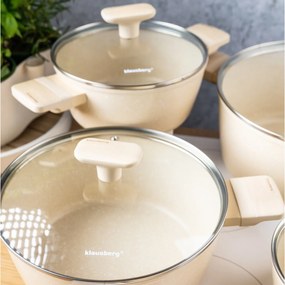 Set oale si tigai antiaderente cu capace Klausberg KB7833, bej, 16/20/24/28 cm, design modern, potrivite pentru toate tipurile de plita
