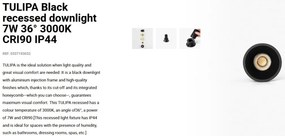 Spot LED incastrabil TULIPA Black recessed downlight 7W 36° 3000K CRI90 IP44