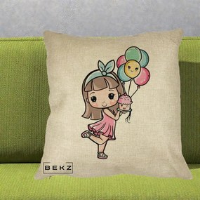 Perna Decorativa Fetita Kawaii cu Baloane si Cupcake, 40x40 cm, Crem, Husa Detasabila, Perna Inclusa, BEKZ®