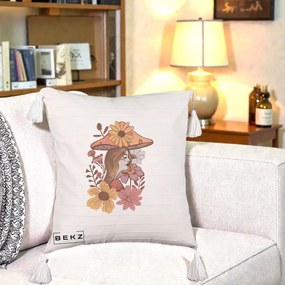 Perna Decorativa Fata Ciuperca Florala Boho, 40x40 cm, Bej cu Franjuri, Husa Detasabila, Perna Inclusa, BEKZ®