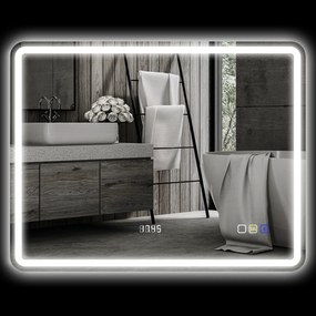 HOMCOM Oglindă de Baie cu Iluminare LED, Pad Anti-În Ceață, 3 culori reglabile, Ceas, 700 x 900 mm, Argintiu | Aosom Romania