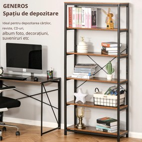 Biblioteca in Stil Industrial Vintage cu 6 Rafturi din Lemn si Metal Negru, 80x30x180cm HOMCOM | Aosom Romania