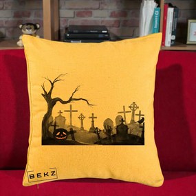 Perna Decorativa Halloween Cimitir Acuarela cu Dovleac, 40x40 cm, Galben, Husa Detasabila, Perna Inclusa, BEKZ®