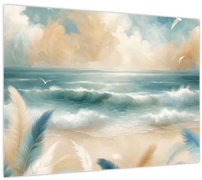 Tablou pe sticlă – Plajă pictată în culori delicate (70x50 cm)