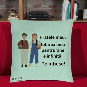 Cadou pentru Frate - Perna Personalizata Fratele Meu Te Iubesc Elevi Ilustratie Colorata, 40x40 cm, Verde Menta, Husa Detasabila, Perna Inclusa, BEKZ®