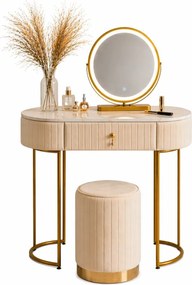 Set SARAH, Masă de toaletă pentru machiaj cu oglindă iluminată LED, control touch, sertar, taburet, 80x40x76 cm, Bej/Auriu