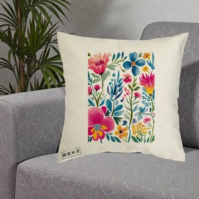 Perna Decorativa Gradina Florala Acuarela Colorata, 40x40 cm, Ecru, Husa Detasabila, Perna Inclusa, BEKZ®