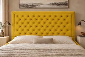 Pat tapițat Chesterfield din catifea Ophelia Deluxe 180×200 cm, galben muștar, cu ladă de depozitare