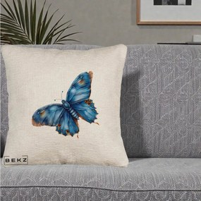 Perna Decorativa Fluture Albastru Satin cu Pete Aurii, 40x40 cm, Bej Canapea, Husa Detasabila, Perna Inclusa, BEKZ®