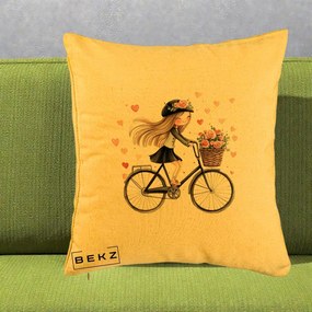 Perna Decorativa Fetita Kawaii pe Bicicleta cu Trandafiri si Inimioare, 40x40 cm, Galben, Husa Detasabila, Perna Inclusa, BEKZ®