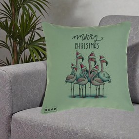 Perna Decorativa Flamingo Merry Christmas, 40x40 cm, Verde, Husa Detasabila, Perna Inclusa, BEKZ®