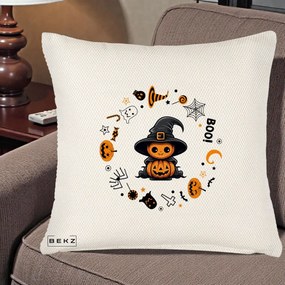 Perna Decorativa Halloween Dovleac Vrajitor Boo cu Simboluri, 40x40 cm, Crem Reliefat, Husa Detasabila, Perna Inclusa, BEKZ®