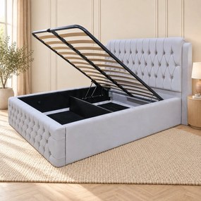 Pat tapițat Chesterfield din catifea Aveline Deluxe 180×200 cm, gri deschis, cu ladă de depozitare