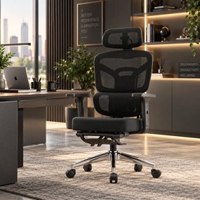 NEXORA CONFORT – Scaun ergonomic, suport lombar 3D adaptiv, tetieră 4D, cotiere 3D, șezut glisant, recliner 135°, suport pentru picioare, bază metalică, Mesh, Negru