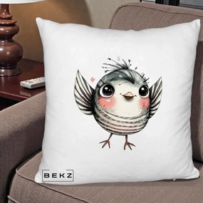 Perna Decorativa Pasare Gri cu Aripi si Inimioare, 40x40 cm, Alb Pufos, Husa Detasabila, Perna Inclusa, BEKZ®