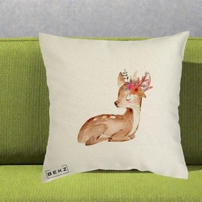 Perna Decorativa Caprioara cu Flori in Coama, 40x40 cm, Ecru, Husa Detasabila, Perna Inclusa, BEKZ®