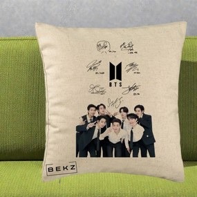 Perna Personalizata K-pop BTS Autografe Toti Membrii cu Fotografie, 40x40 cm, Bej, Husa Detasabila, Perna Inclusa, BEKZ®