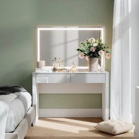 Masuta machiaj cu Oglinda LED si 2 Sertare pentru Cosmetice, Set Masa toaleta 110 cm, Alb Lucios, masuta cosmetica, vanity - SEA813