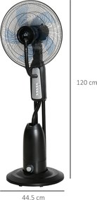 HOMCOM Ventilator Nebulizator cu 4 Roți, cu Rezervor 2.8L și 4 Viteze, Ventilator de Podea Metalic, PE și ABS, 44.5x44.5x120 cm, Negru