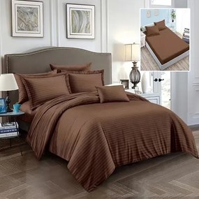 Lenjerie de pat Damasc Policoton cu 6 piese, cearceaf cu elastic 160x200cm, pentru pat dublu, maro, IMP50