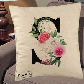 Cadou Personalizat - Perna Personalizata Monograma Florala Litera S, 40x40 cm, Bej, Husa Detasabila, Perna Inclusa, BEKZ®