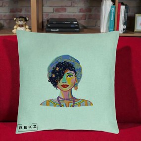 Perna Decorativa Portret Femeie Etnic Colorat, 40x40 cm, Verde Menta, Husa Detasabila, Perna Inclusa, BEKZ®