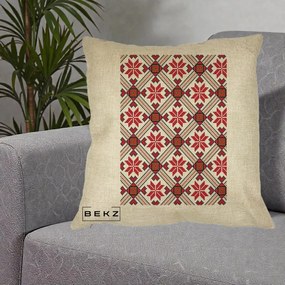 Perna Personalizata Motiv Traditional Ie Romaneasca Rosu, 40x40 cm, Crem, Husa Detasabila, Perna Inclusa, BEKZ®