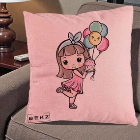 Perna Decorativa Fetita Kawaii cu Baloane si Cupcake, 40x40 cm, Roz, Husa Detasabila, Perna Inclusa, BEKZ®