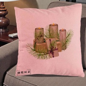 Perna Decorativa Lumanari cu Cadouri Naturale, 40x40 cm, Roz, Husa Detasabila, Perna Inclusa, BEKZ®