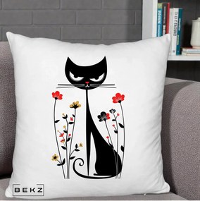 Perna Decorativa Pisica Neagra Grafica Flori Rosii, 40x40 cm, Alb Pufos, Husa Detasabila, Perna Inclusa, BEKZ®