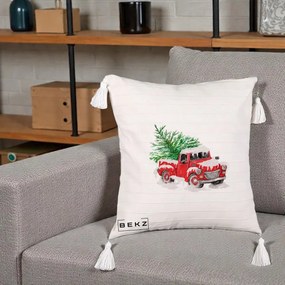 Perna Decorativa Camioneta Rosie Brad de Craciun, 40x40 cm, Bej cu Franjuri, Husa Detasabila, Perna Inclusa, BEKZ®