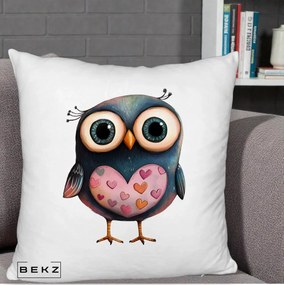Perna Decorativa Bufnita cu Inimioare Roz, 40x40 cm, Alb Pufos, Husa Detasabila, Perna Inclusa, BEKZ®