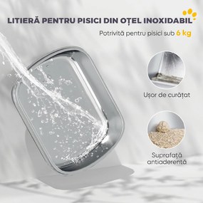 PawHut Litieră Închisă pentru Pisici din Oțel Inoxidabil, cu Capac Rabatabil, Acces Dublu și Paletă, Gri Deschis | Aosom Romania