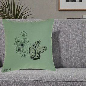 Perna Decorativa Fluture si Flori Linie Monocroma, 40x40 cm, Verde, Husa Detasabila, Perna Inclusa, BEKZ®