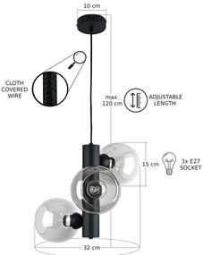 Lustră pe cablu TUBE 3xE27/60W/230V negru/transparent