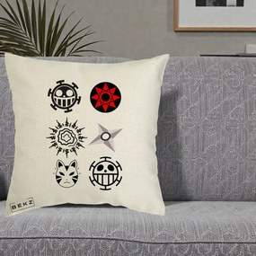 Perna Personalizata Simboluri Anime Mix - Naruto One Piece, 40x40 cm, Ecru, Husa Detasabila, Perna Inclusa, BEKZ®
