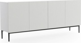 Comodă Nicole 200 cm cu patru uși, fronturi riflate - alb mat / picioare negre