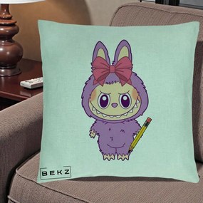 Perna Personalizata Labubu Mov cu Funda Rosie si Creion, 40x40 cm, Verde Menta, Husa Detasabila, Perna Inclusa, BEKZ®