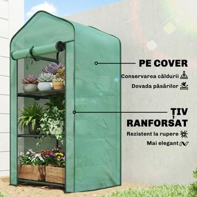 Outsunny Mini seră de grădină cu husă din PE, 3 rafturi și ușă rulabilă, 59x39x127 cm, verde | Aosom Romania
