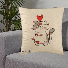 Perna Decorativa Pisica Kawaii cu Inimi, 40x40 cm, Bej, Husa Detasabila, Perna Inclusa, BEKZ®