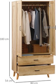 HOMCOM Dulap Dormitor 2 Uși cu 2 Sertare și Bară pentru Umerașe 80x54x180 cm Lemn | Aosom Romania