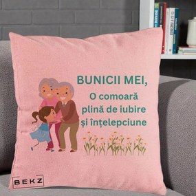 Cadou pentru Bunici - Perna Personalizata Bunicii Mei Comoara Iubire Intelepciune Nepoata, 40x40 cm, Roz, Husa Detasabila, Perna Inclusa, BEKZ®