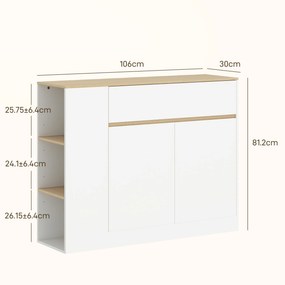 HOMCOM Bufet de Bucătărie cu 2 Uși, Raft Reglabil, 2 Sertare și 3 Compartimente Deschise, 106x30x81,2 cm, Alb | Aosom Romania