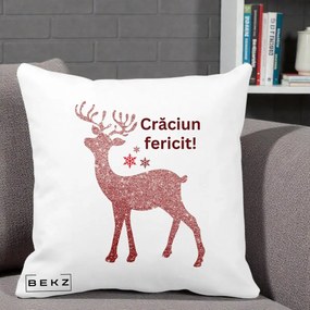 Perna Decorativa Ren Sclipitor Glitter Craciun Fericit, 40x40 cm, Alba Mata, Husa Detasabila, Perna Inclusa, BEKZ®