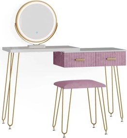SEA394 - Set Masa toaleta, 120 cm, cosmetica machiaj, oglinda cu LED, masuta vanity, scaun tapitat - Alb-Auriu-Roz