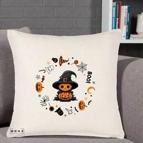 Perna Decorativa Halloween Dovleac Vrajitor Boo cu Simboluri, 40x40 cm, Crem Reliefat, Husa Detasabila, Perna Inclusa, BEKZ®