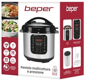 Multicooker sub presiune Beper P101COS001, 1200W, 6 L, 15 programe, Timer, Inox/Negru