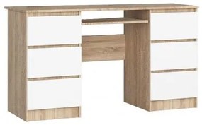 Birou calculator, placa laminata, 6 sertare, 1 raft, stejar si alb, 135x50x77 cm