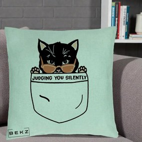 Perna Decorativa Judging You Silently Pisica Buzunar, 40x40 cm, Verde Menta, Husa Detasabila, Perna Inclusa, BEKZ®